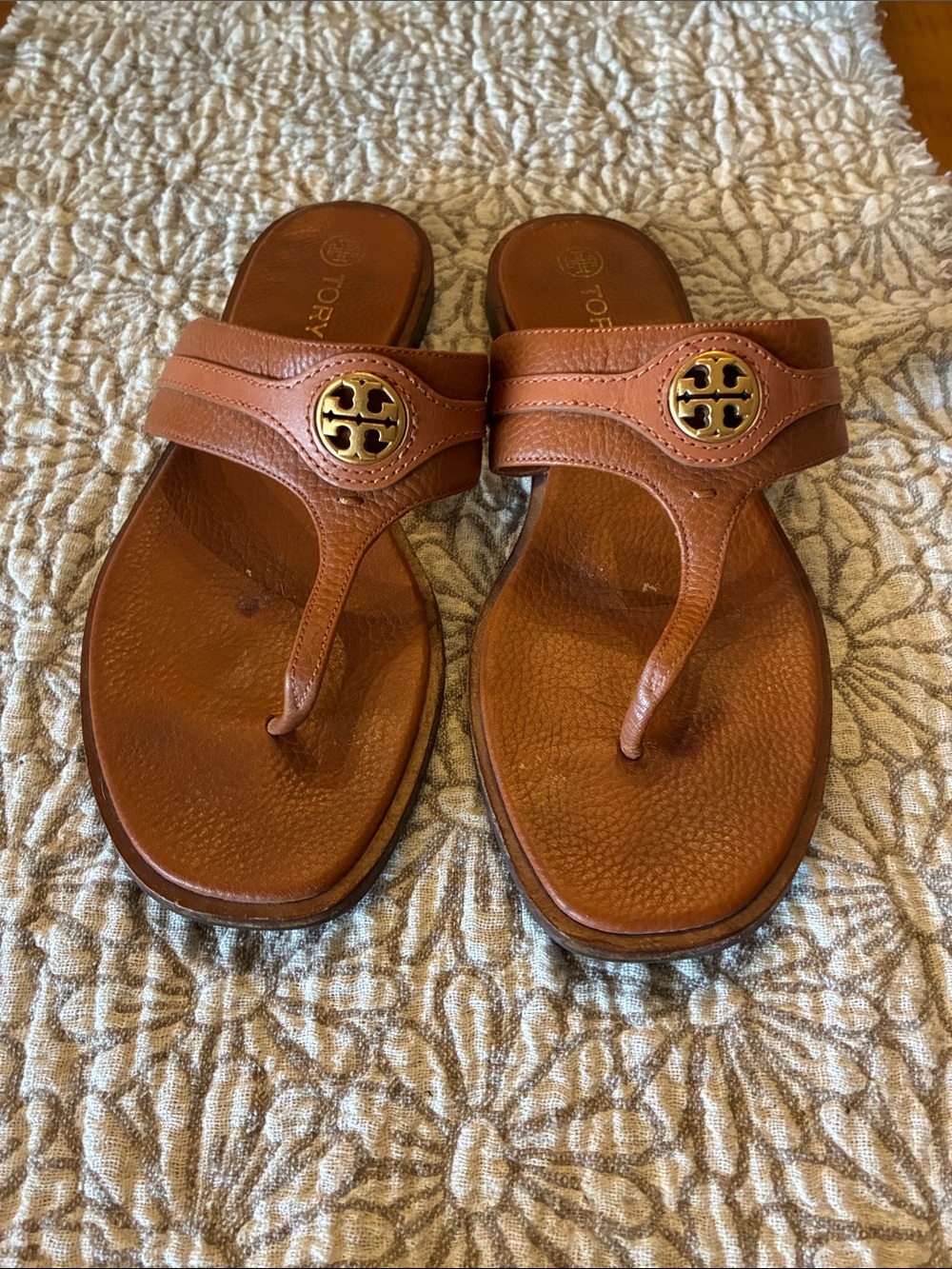Tory Burch Tan Leather Miller Thong Sandals with Gold Logo